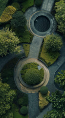 Aerial photography of a circular park with a water feature, surrounded by trees and bushes.