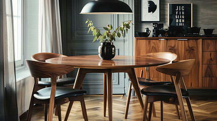 Dining chairs with molded plywood seats, surrounding a round table with tapered legs and a statement pendant light
