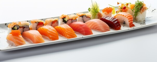 Sushi pieces on plate in luxury reataurant, food banner. Generative Ai