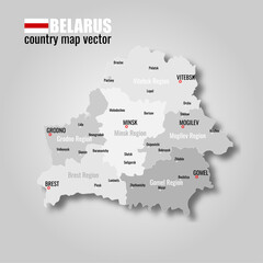 Republic of Belarus country map vector with districts, regions and cities: minsk, brest, grodno, vitebsk, mogilev, gomel, orsha, polatsk, shklow, braslav, pastavy, lepel, molodechno, borisov, slutsk - obrazy, fototapety, plakaty
