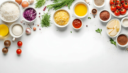 Food background with free space for text. Composition with ingredients for cooking over white background. Top view with copy space
