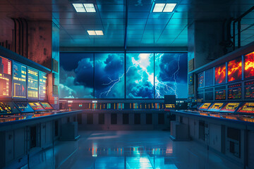 A power grid control room with monitors displaying warnings about potential disruptions caused by a geomagnetic storm