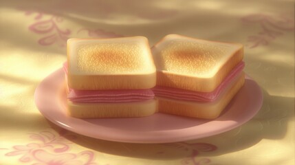 Fototapeta na wymiar a pink plate with three slices of toasted bread on it and a pink plate with two slices of toasted bread on it.