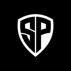 SP monogram logo with bold letters shield shape with black and white color design