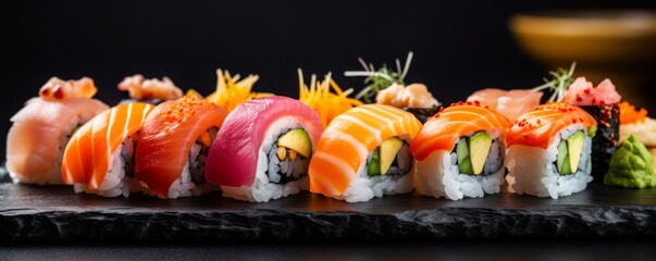 Sushi pieces on dark stone table in luxury reataurant, side view food banner. Generative Ai