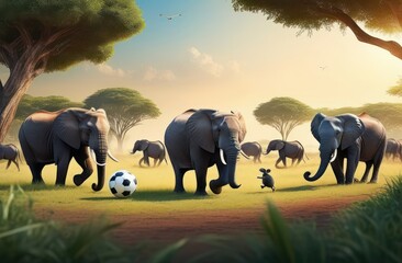 Funny African animals playing football in a clearing