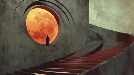 Futuristic concrete structure with a large portal to the moon in the distance