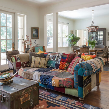 Eclectic family room with a patchwork sofa, mismatched vintage chairs, and a salvaged trunk repurposed as a coffee table.