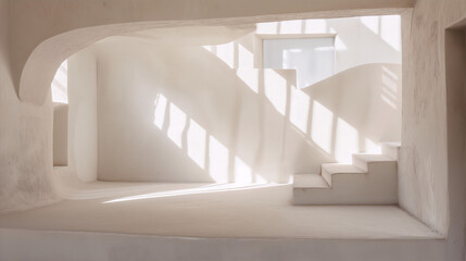 Obraz premium Abstract minimal interior space with curved walls and staircase bathed in soft sunlight and shadows