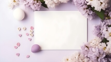 white blank card with cherry blossoms on a soft purple background frame with copy space generative ai