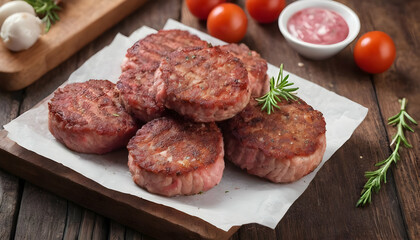 Fresh meat cutlets on wooden background