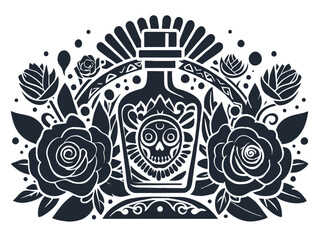 Mexican retro old school tequila roses for chicano tattoo outline. Monochrome line art, ink tattoo. Stylized black and white illustration of a skull potion bottle with floral elements