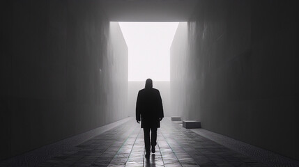 Black and white photo of a man walking down a long, narrow hallway with a bright light at the end.