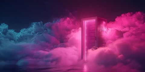 A server rack illuminated in pink light surrounded by clouds representing secure and reliable cloudbased computing services. Concept Cloud Computing, Server Rack, Cybersecurity, Pink Lighting