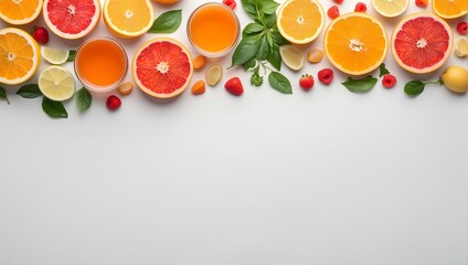 top view of fruits on white background with copy space, space for text and design 