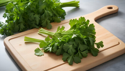 Parsley. On a chopping board in the kitchen