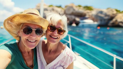Senior women friends with joyful smiles on a yacht, concept of friendship and carefree travel at sea - Powered by Adobe