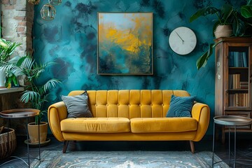 Elegant yellow sofa with pillows against textured wall, frame, clock and plant  generative ai