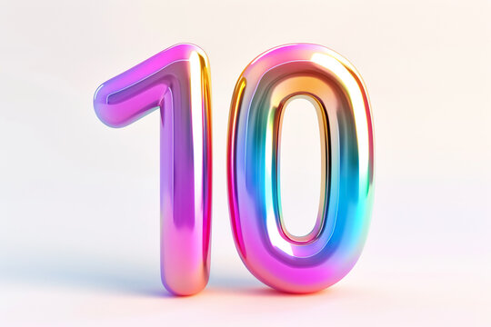Glossy holographic number 10 ten one isolated on white background