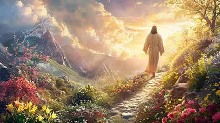 Raamstickers Zalmroze  Jesus Cristo caminhando no paraíso 