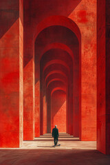 Lonely man skating through a red concrete archway