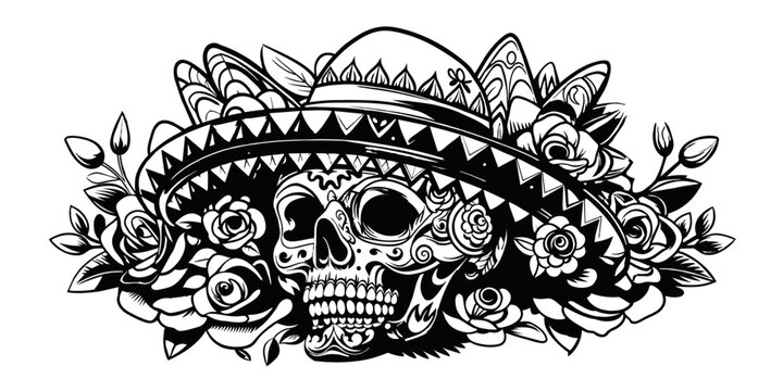 Mexican retro old school sugar skull in sombrero for chicano tattoo outline. Monochrome line art, ink tattoo. Black and white of day of the dead skull wearing sombrero, surrounded by roses