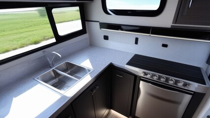 Interior of a camper car. View from the inside. Holidays and travel in motor home.