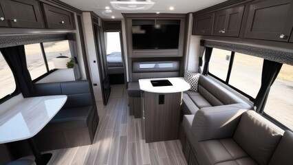 Interior of a camper car. View from the inside. Holidays and travel in motor home.