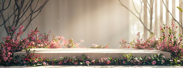Background podium 3D spring flower product beauty pink display nature. 3D podium stand background scene floral mockup cosmetic white blossom summer abstract shadow platform minimal design render stage - obrazy, fototapety, plakaty