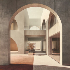 3D rendering of a minimalist courtyard with a tree in the center and arched openings on all sides