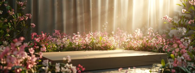 Background podium 3D spring flower product beauty pink display nature. 3D podium stand background scene floral mockup cosmetic white blossom summer abstract shadow platform minimal design render stage