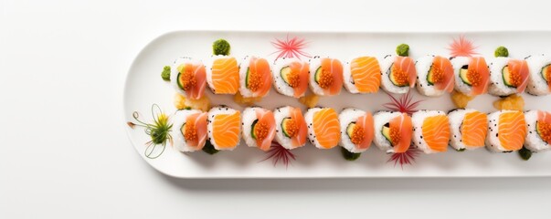 Sushi pieces on plate in luxury reataurant, food banner. Generative Ai