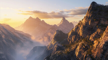 Majestic Mountain Peaks at Sunrise - obrazy, fototapety, plakaty