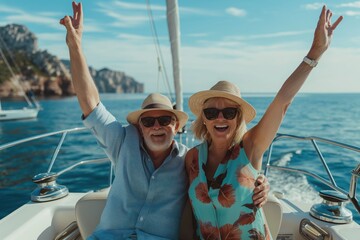 Ecstatic senior couple celebrating on a yacht with coastal cliffs in the background, concept of...