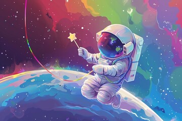 A chibi astronaut floating in space, tethered to a whimsical, candycolored space station