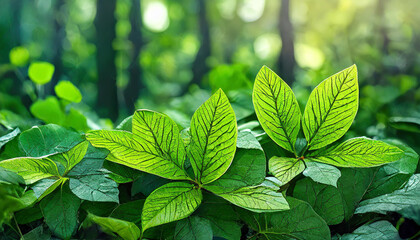 Close-up of plant with lots of green leaves. Beautiful nature. Spring or summer season. Blurred forest