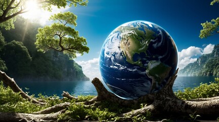 earth day concept, save the world, globe on moss, globe and forest, eco-friendly, planet earth,...