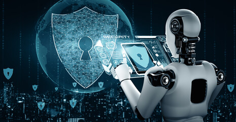 XAI 3d illustration AI robot using cyber security to protect information privacy. Futuristic concept of cybercrime prevention by artificial intelligence and machine learning process. 3D rendering