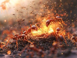 A Fire Ant mound erupting with activity as ants aggressively defend their territory against an intruder, showcasing their painful stings - obrazy, fototapety, plakaty