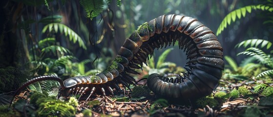 A Giant African Millipede curling defensively, releasing its irritating secretions amidst the dense undergrowth of a rainforest - obrazy, fototapety, plakaty