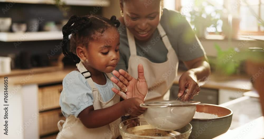 Poster Mommy, daughter and flour for baking pastry in kitchen, education and learning for child development. Black family, home and love for cookie or cake, cooking and support while bonding on weekend