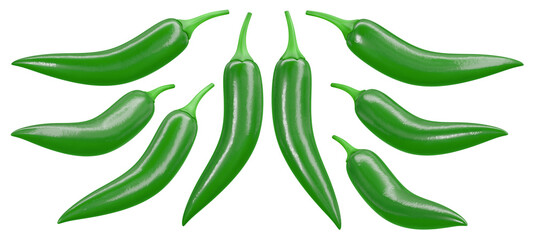 Green jalapeno peppers. Serrano peppers isolated on white background. 3D rendering.