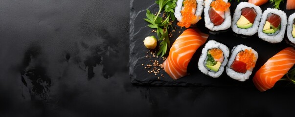 Sushi pieces on dark stone table in luxury reataurant,top view food banner. Generative Ai