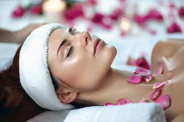 Beautiful woman relaxing in a spa salon after a cosmetic procedure among rose petals