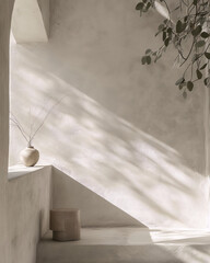 Minimalistic interior design with sunlight and shadows on the wall, 3D rendering