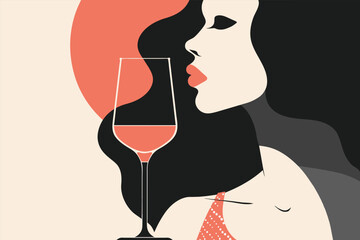 Young woman with glass of red wine, minimalist elegant retro style. Silhouette face of girl and wineglass close up. Alcohol drink on celebration, party, event. Negative space. Vector illustration