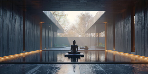 A serene and minimal depiction of a Zen meditation space with a statue of Buddha in the center, surrounded by water and natural el - obrazy, fototapety, plakaty