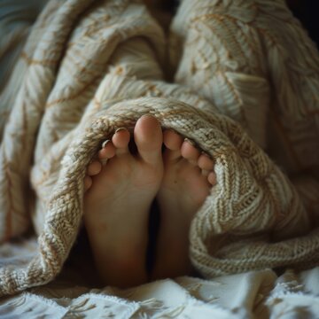 Close-up of painted toenails peeping out from under a cozy blanket
