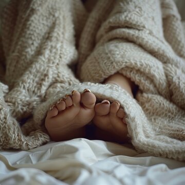 Close-up of painted toenails peeping out from under a cozy blanket
