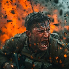 Intense Soldier Screaming in Explosive Battlefield Scene